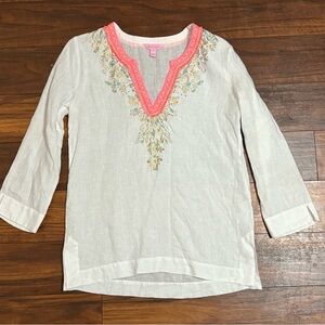 Embroidered White Linen Tunic with Pink Trim 3/4 sleeve, small